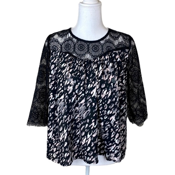 Black Lattice Lace & Pink Leopard Print Watercolor Blouse - Picture 8 of 14